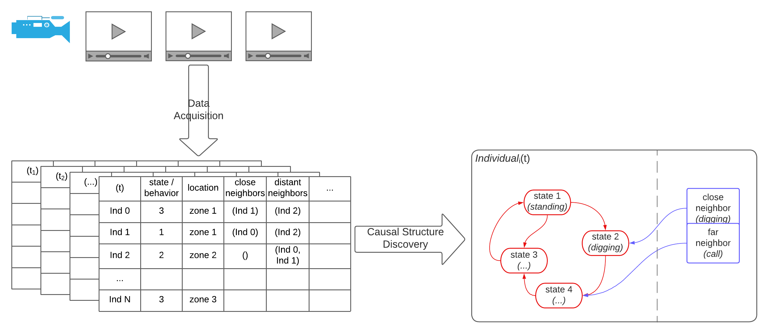 Proposed pipeline: we extract behavioral information from video and build a causal model explaining meerkat cognition.
